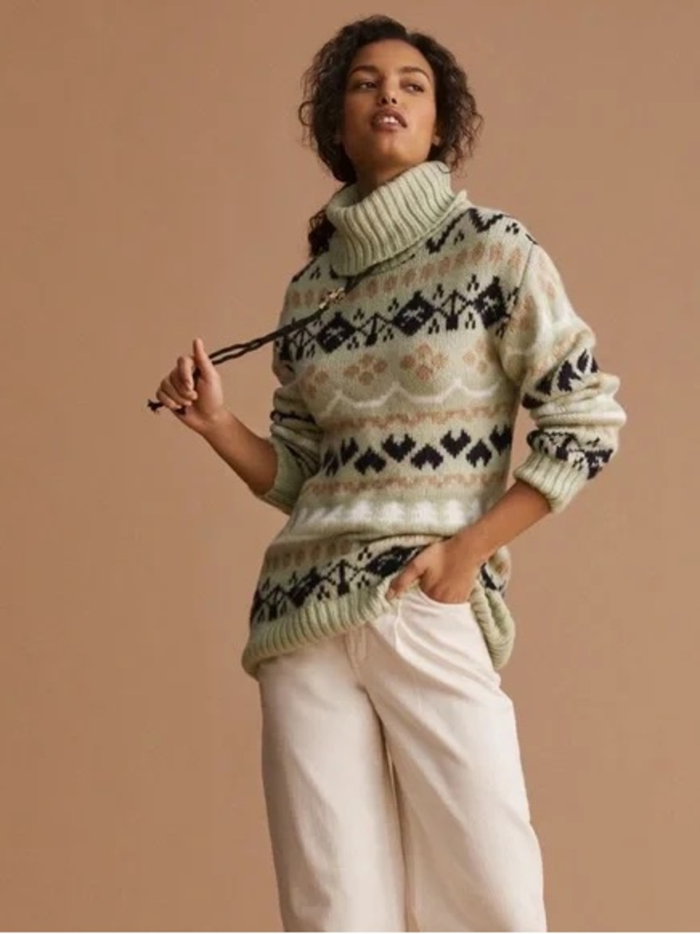 Anthropologie Sage Green Fair Isle Turtleneck Sweater